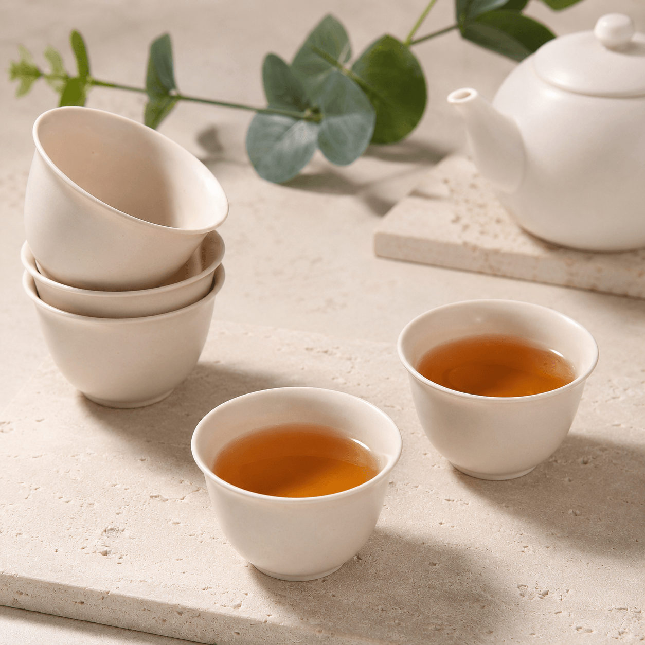 Eco-Friendly Rice Husk Tea Cups | Biodegradable Disposable Small Kung Fu Tea Cups | Food-Grade Stackable Natural Beige Tea Cup Set for Hotel, Tea Room & Daily Use