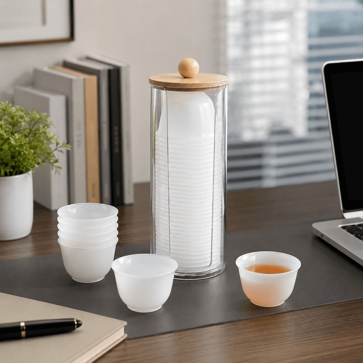 Jade-Look Disposable Rice Husk Tea Cups | White Translucent Single-Use Small Tea Cups with Storage Holder | Elegant Hotel & Tea Room Guest Reception Cup Set