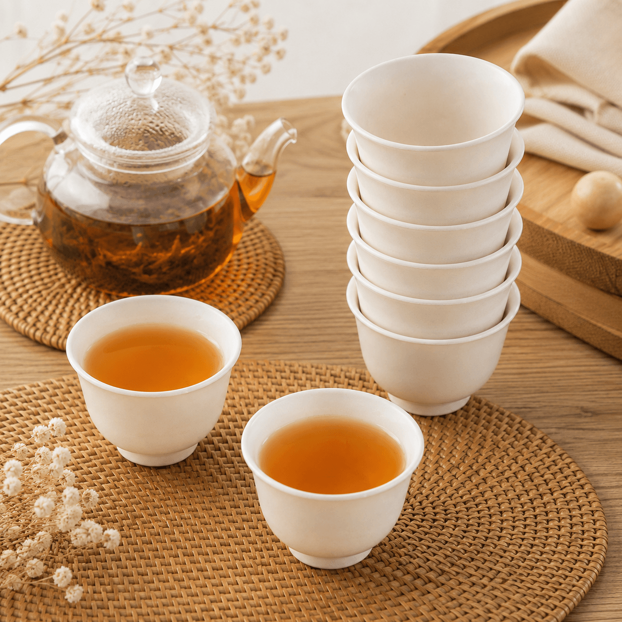 Rice Husk Tea Cups with Holder | Eco-Friendly Biodegradable Small Tea Cups | Heat Resistant Reusable Tea Tasting Cups for Home, Office & Teahouse