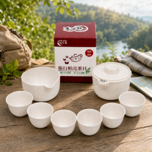Portable Rice Husk Travel Tea Set for 6 – Eco-Friendly Kung Fu Tea Set with Brewing Bowl, Built-in Strainer, 6 Tea Cups & Serving Cup | Food-Grade, Heat-Resistant, BPA-Free | Chinese Tea Ceremony Set for Travel, Office & Outdoor