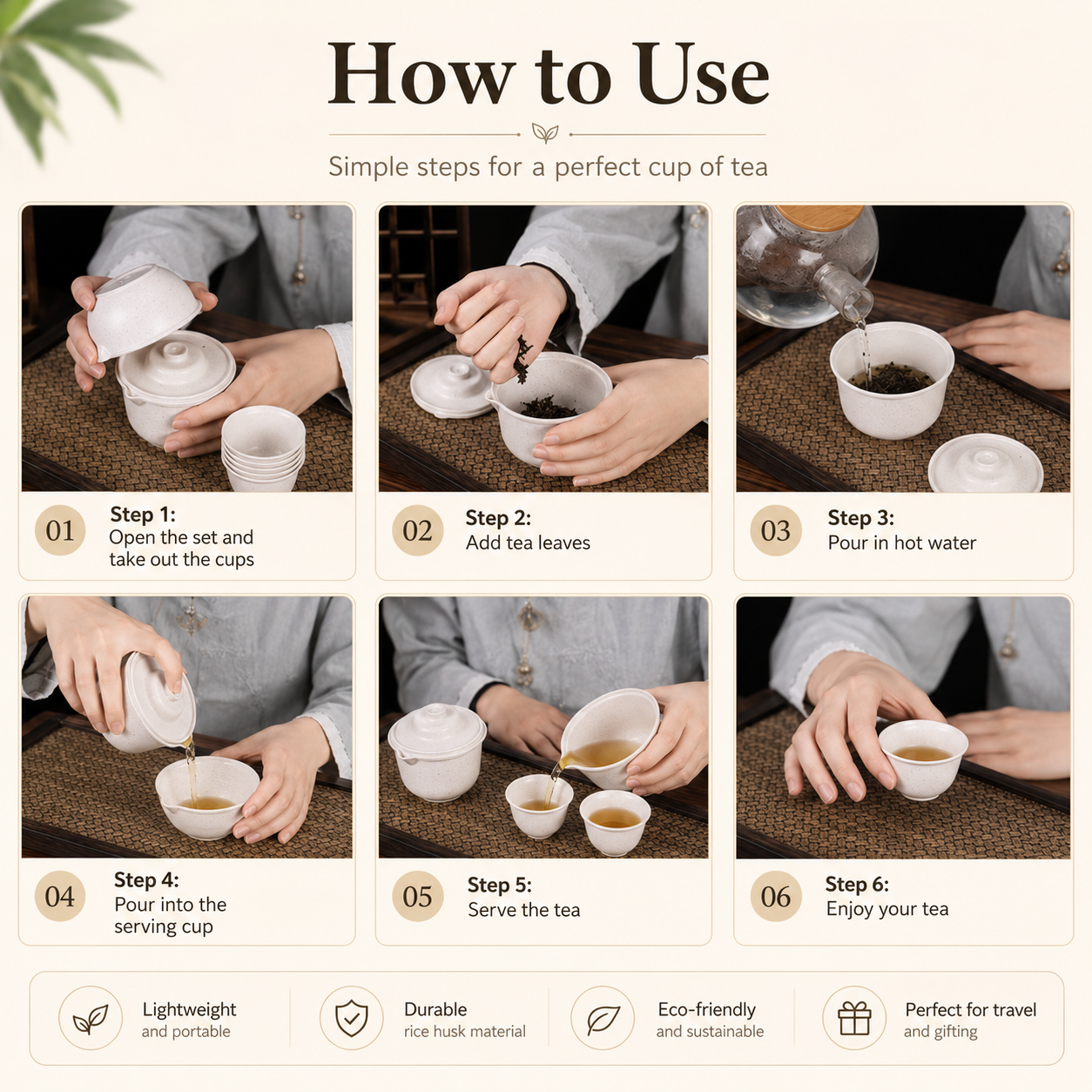 Portable Rice Husk Travel Tea Set for 6 – Eco-Friendly Kung Fu Tea Set with Brewing Bowl, Built-in Strainer, 6 Tea Cups & Serving Cup | Food-Grade, Heat-Resistant, BPA-Free | Chinese Tea Ceremony Set for Travel, Office & Outdoor