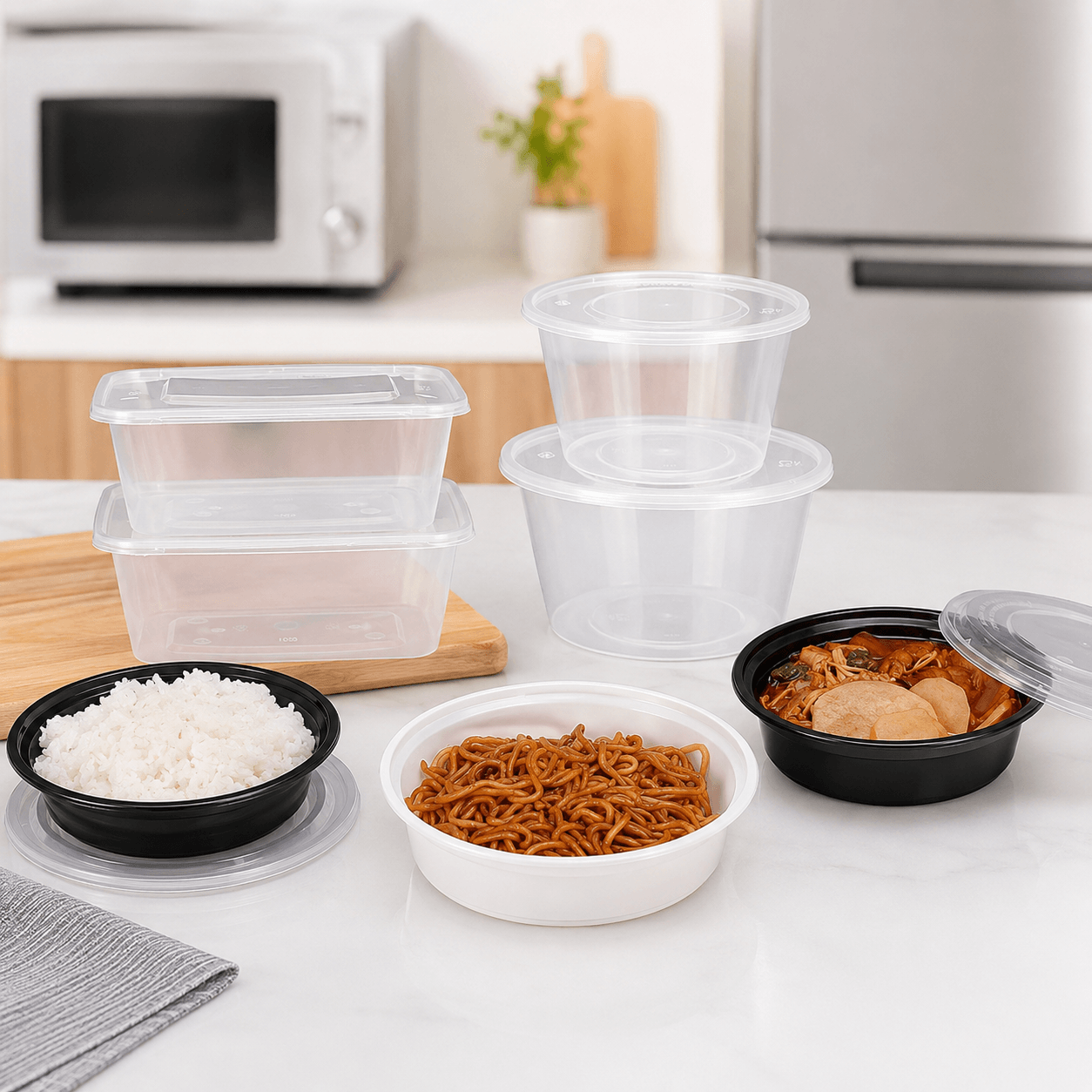 Reusable PP Plastic Food Containers | Microwave & Freezer Safe Disposable Meal Prep Bowls with Leak-Proof Lids | Round & Rectangular Takeout Containers for Restaurant, Delivery, Meal Prep & Storage