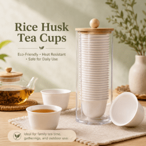 Rice Husk Tea Cups with Holder | Eco-Friendly Biodegradable Small Tea Cups | Heat Resistant Reusable Tea Tasting Cups for Home, Office & Teahouse