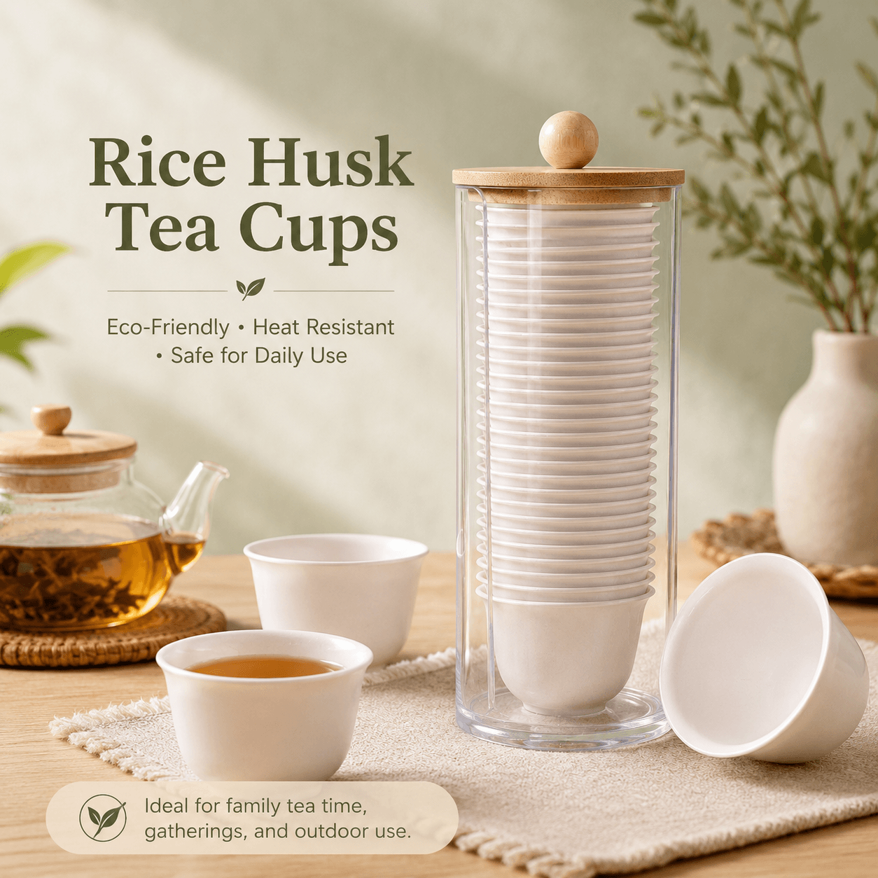 Rice Husk Tea Cups with Holder | Eco-Friendly Biodegradable Small Tea Cups | Heat Resistant Reusable Tea Tasting Cups for Home, Office & Teahouse