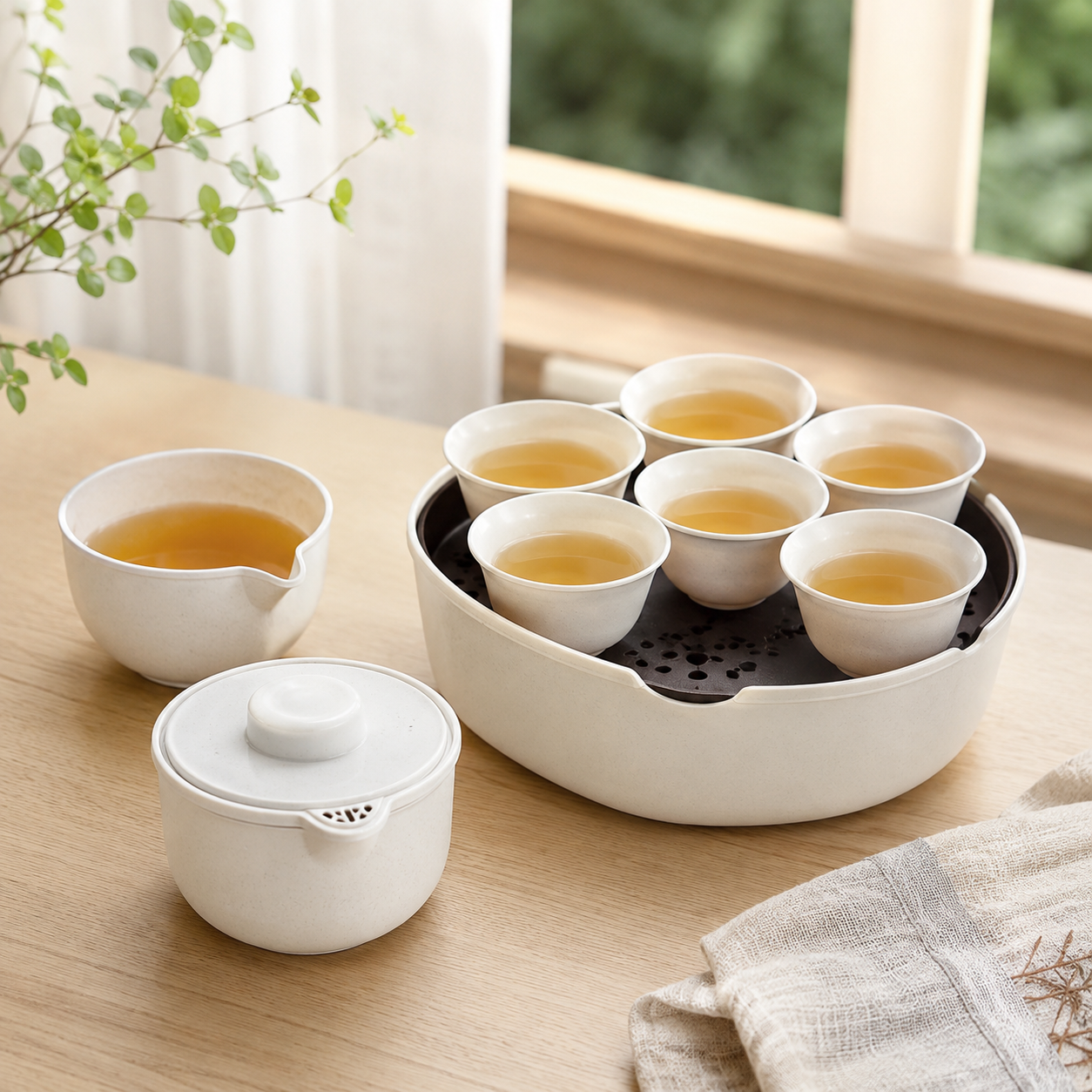 Portable Rice Husk Travel Tea Set for 6 – Eco-Friendly Kung Fu Tea Set with Brewing Bowl, Built-in Strainer, 6 Tea Cups & Serving Cup | Food-Grade, Heat-Resistant, BPA-Free | Chinese Tea Ceremony Set for Travel, Office & Outdoor