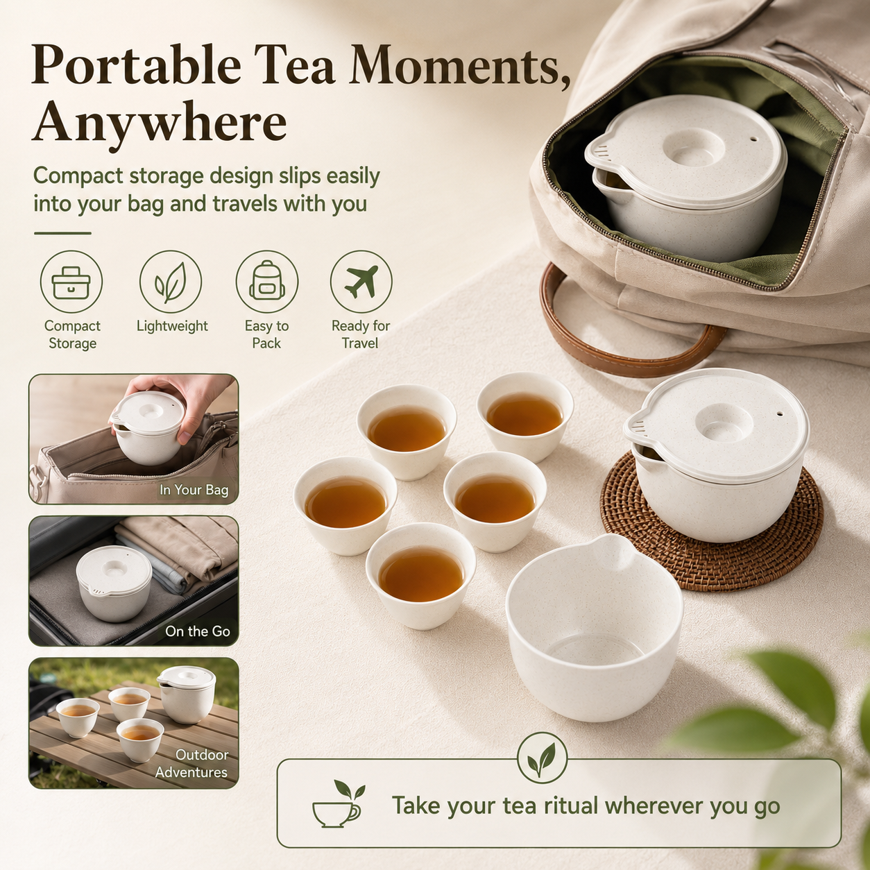 Portable Rice Husk Travel Tea Set for 6 – Eco-Friendly Kung Fu Tea Set with Brewing Bowl, Built-in Strainer, 6 Tea Cups & Serving Cup | Food-Grade, Heat-Resistant, BPA-Free | Chinese Tea Ceremony Set for Travel, Office & Outdoor