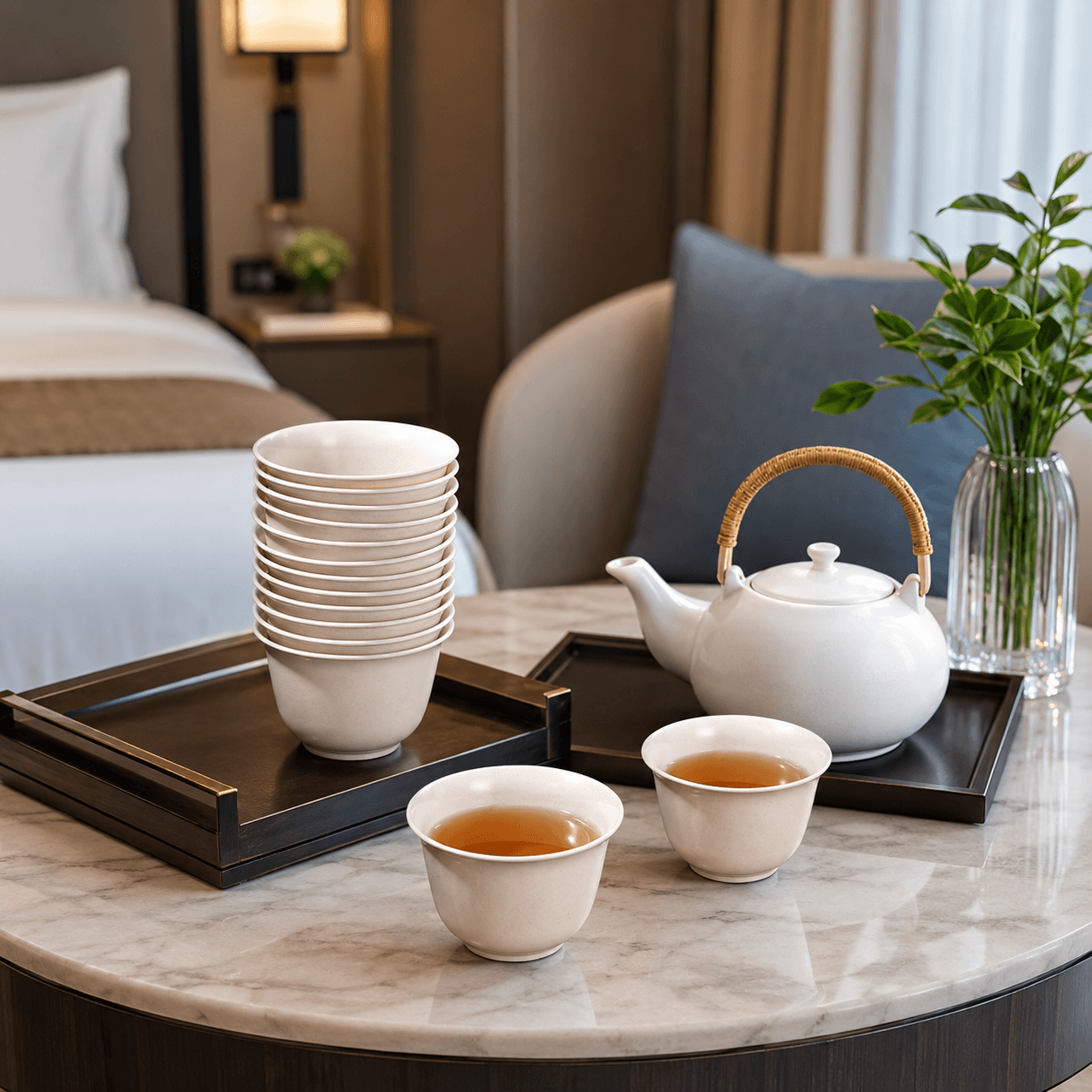 Eco-Friendly Rice Husk Tea Cups | Biodegradable Disposable Small Kung Fu Tea Cups | Food-Grade Stackable Natural Beige Tea Cup Set for Hotel, Tea Room & Daily Use