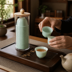 Portable Celadon Rice Husk Tea Cup Set | Eco-Friendly Jade Green Small Tea Cups with Storage Holder | Custom Logo Kung Fu Tea Cups for Home, Hotel & Travel