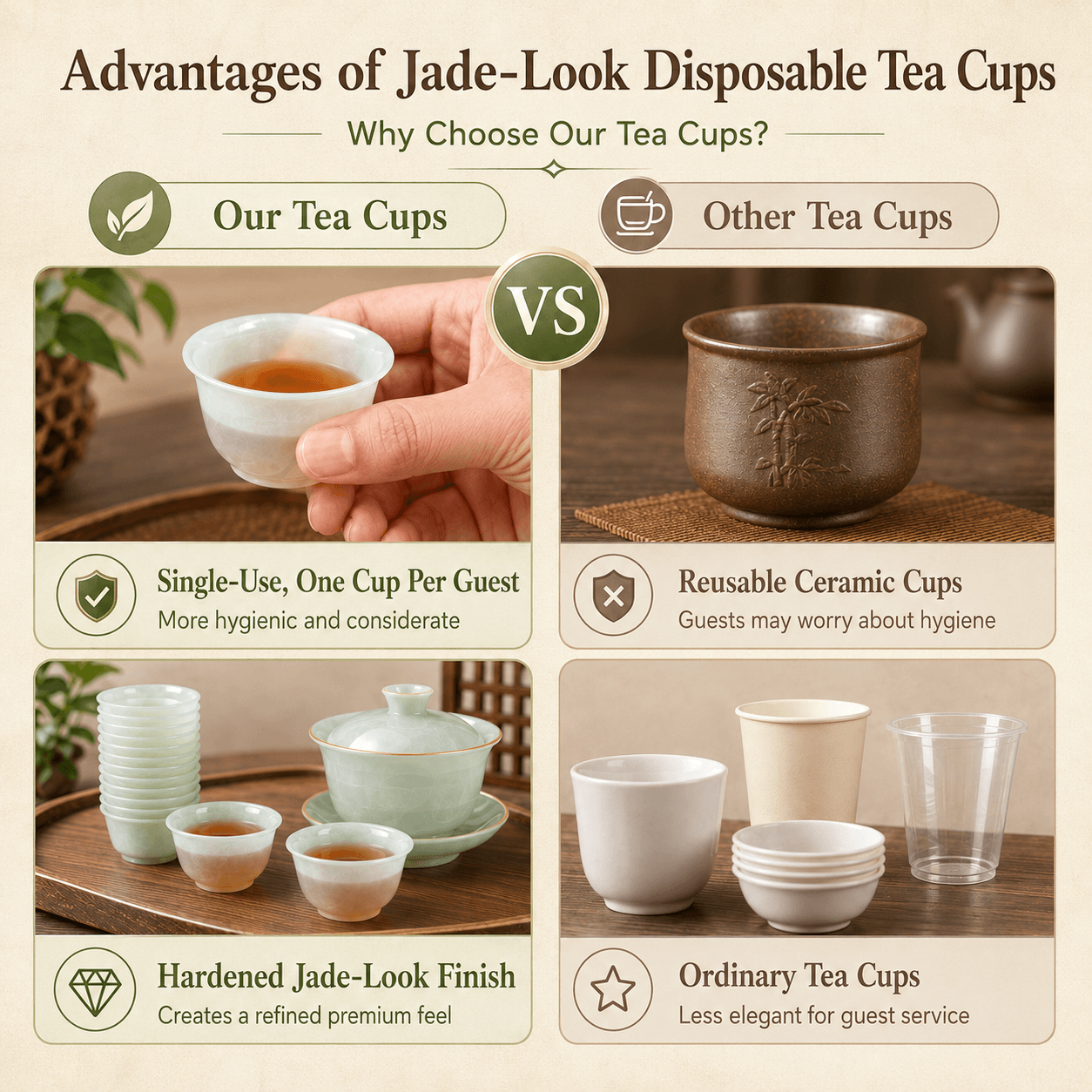 Jade-Look Disposable Rice Husk Tea Cups | White Translucent Single-Use Small Tea Cups with Storage Holder | Elegant Hotel & Tea Room Guest Reception Cup Set