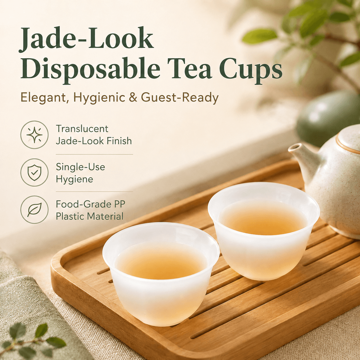 Food-Grade PP Plastic Disposable Tea Cups | Jade-Look Translucent Small Tea Cups with Storage Holder | Reusable Single-Use Kung Fu Tea Cups for Hotel, Tea Room & Travel