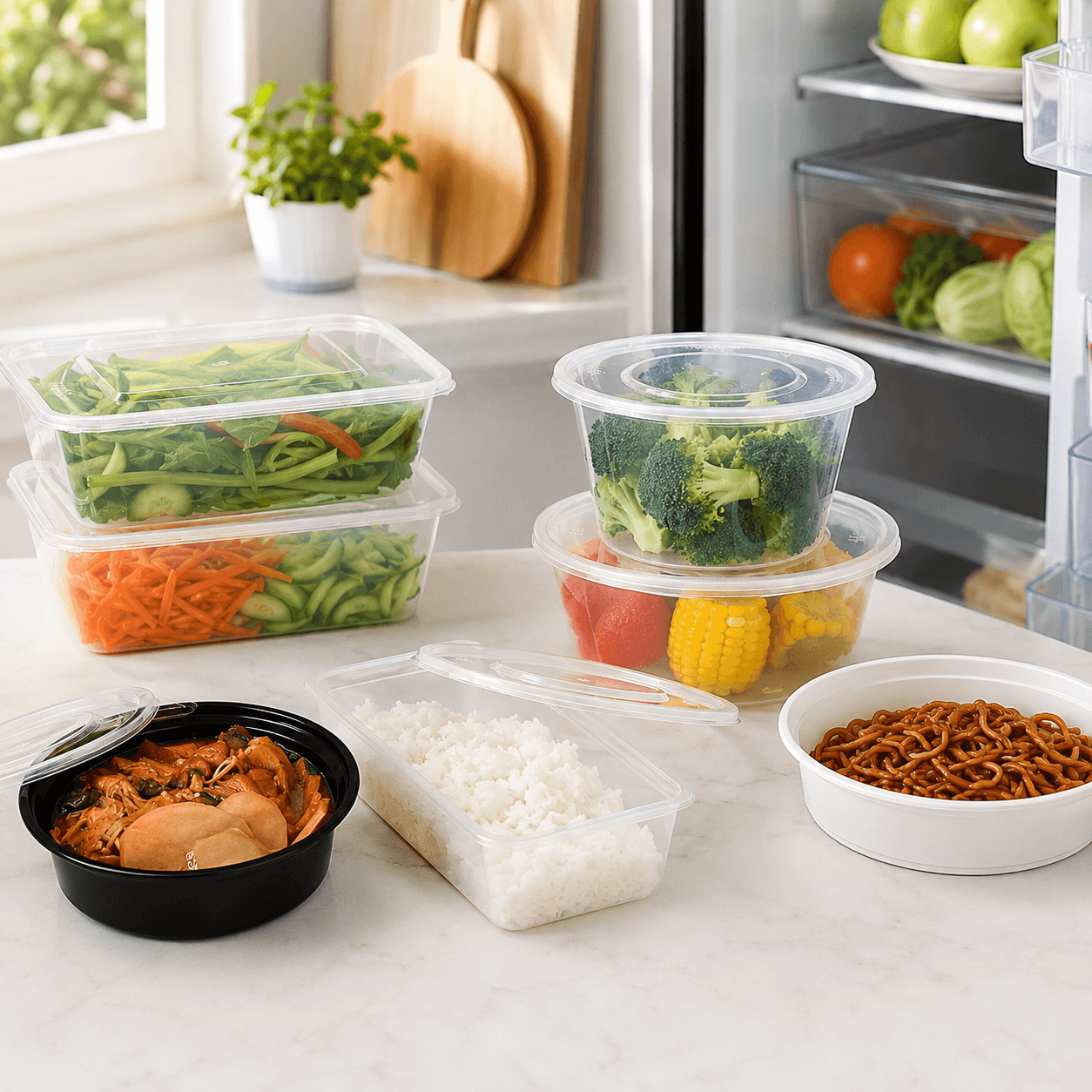 Premium PP Plastic Takeout Containers | Microwave & Freezer Safe Disposable Meal Prep Bowls with Leak-Proof Lids | Reusable Round & Rectangular Food Containers for Restaurant, Delivery & Storage