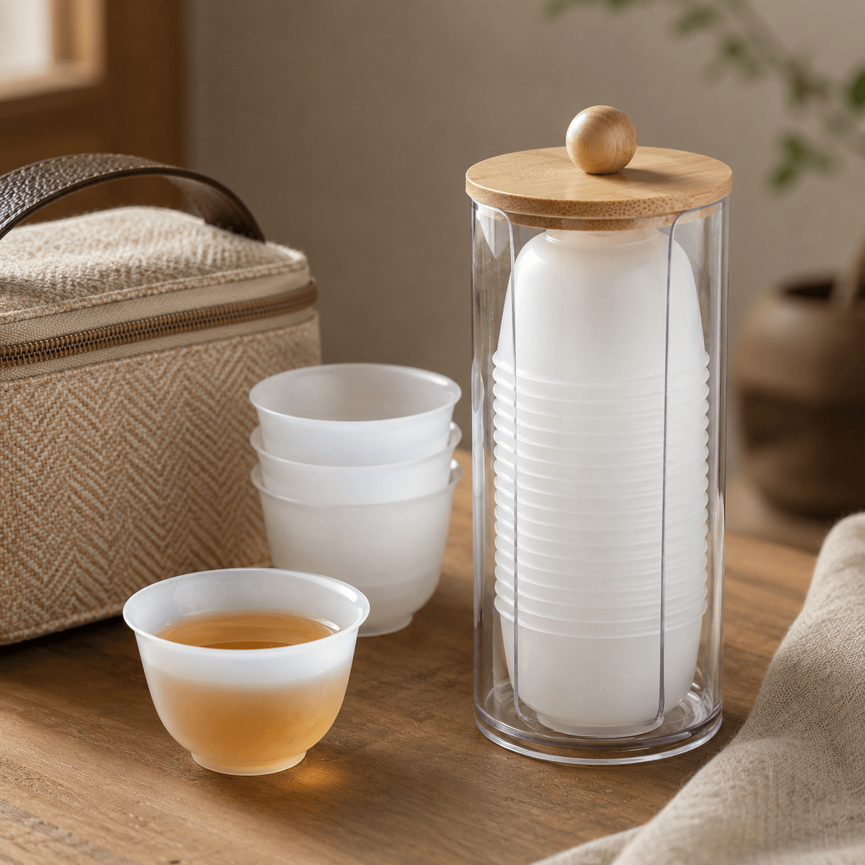 Jade-Look Disposable Rice Husk Tea Cups | White Translucent Single-Use Small Tea Cups with Storage Holder | Elegant Hotel & Tea Room Guest Reception Cup Set