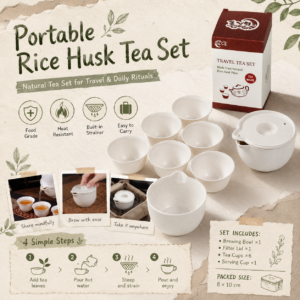 Portable Rice Husk Travel Tea Set for 6 – Eco-Friendly Kung Fu Tea Set with Brewing Bowl, Built-in Strainer, 6 Tea Cups & Serving Cup | Food-Grade, Heat-Resistant, BPA-Free | Chinese Tea Ceremony Set for Travel, Office & Outdoor