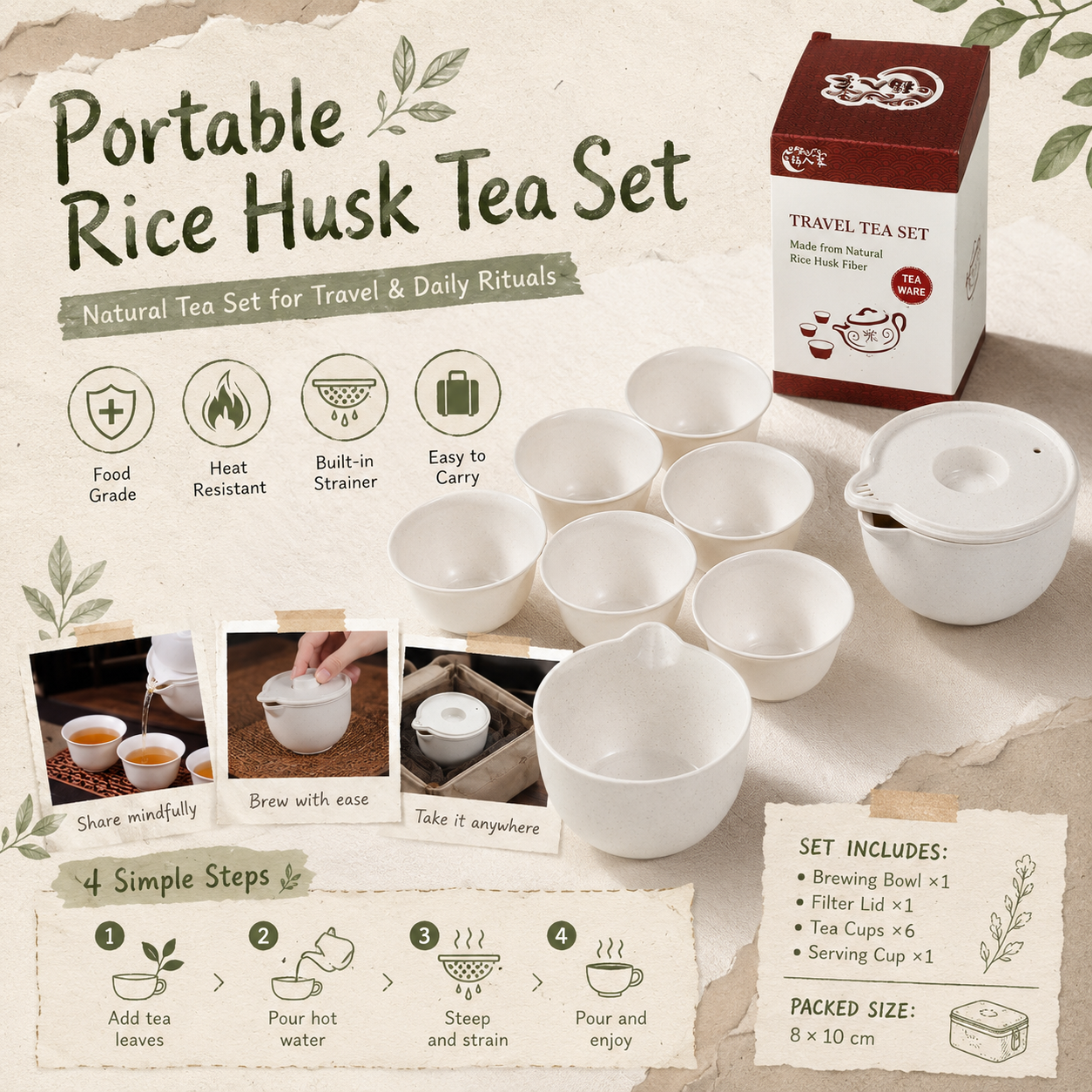 Portable Rice Husk Travel Tea Set for 6 – Eco-Friendly Kung Fu Tea Set with Brewing Bowl, Built-in Strainer, 6 Tea Cups & Serving Cup | Food-Grade, Heat-Resistant, BPA-Free | Chinese Tea Ceremony Set for Travel, Office & Outdoor