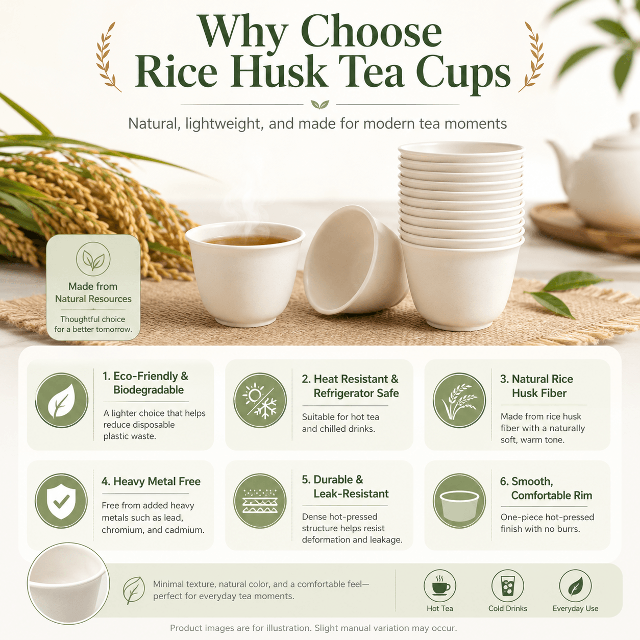 Rice Husk Tea Cups with Holder | Eco-Friendly Biodegradable Small Tea Cups | Heat Resistant Reusable Tea Tasting Cups for Home, Office & Teahouse