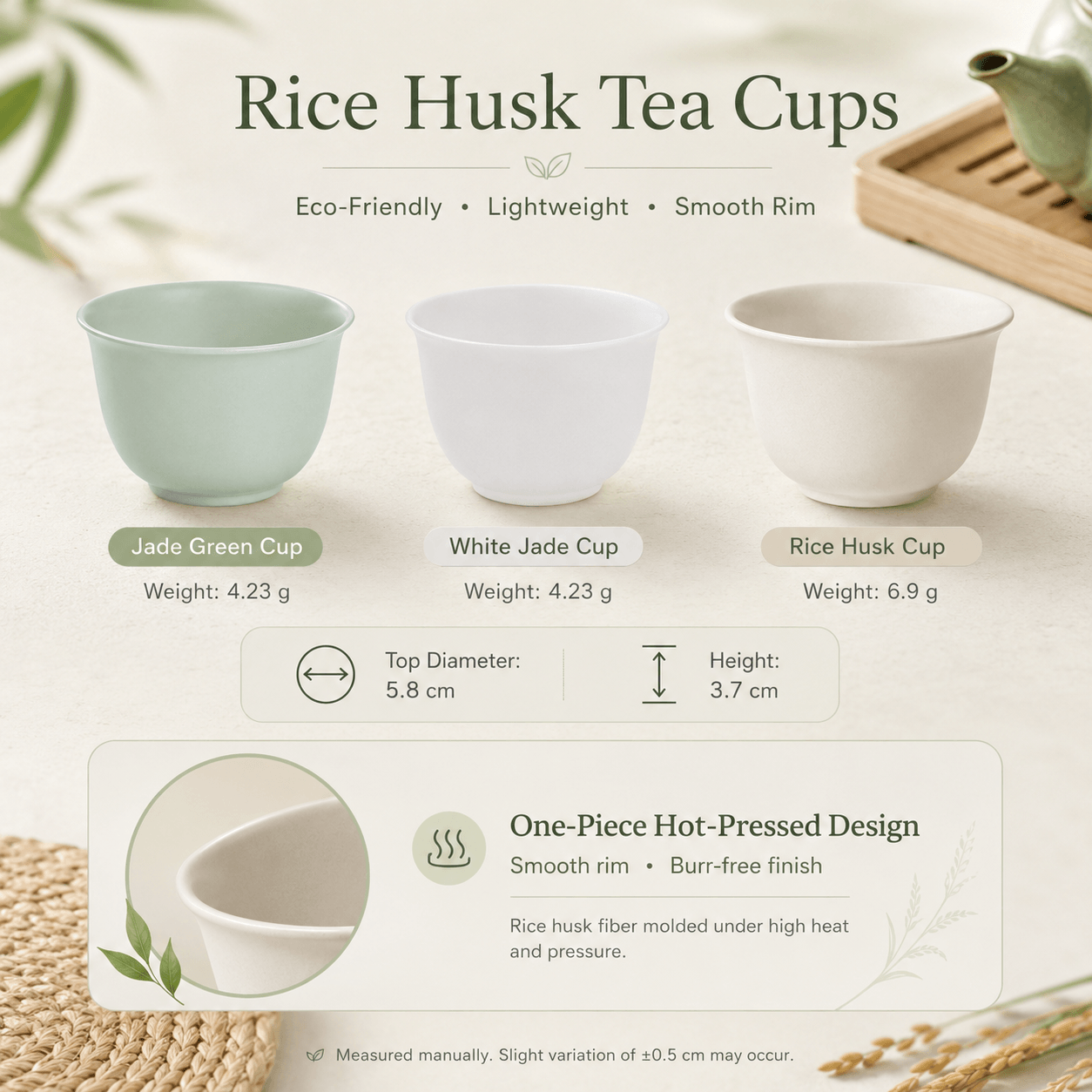 Rice Husk Tea Cups with Holder | Eco-Friendly Biodegradable Small Tea Cups | Heat Resistant Reusable Tea Tasting Cups for Home, Office & Teahouse