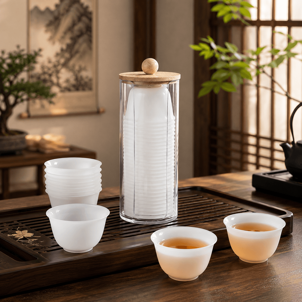 Jade-Look Disposable Rice Husk Tea Cups | White Translucent Single-Use Small Tea Cups with Storage Holder | Elegant Hotel & Tea Room Guest Reception Cup Set