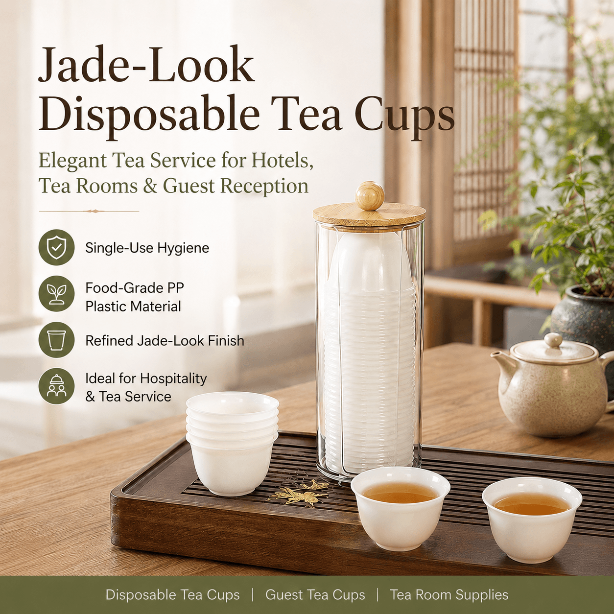 Food-Grade PP Plastic Disposable Tea Cups | Jade-Look Translucent Small Tea Cups with Storage Holder | Reusable Single-Use Kung Fu Tea Cups for Hotel, Tea Room & Travel