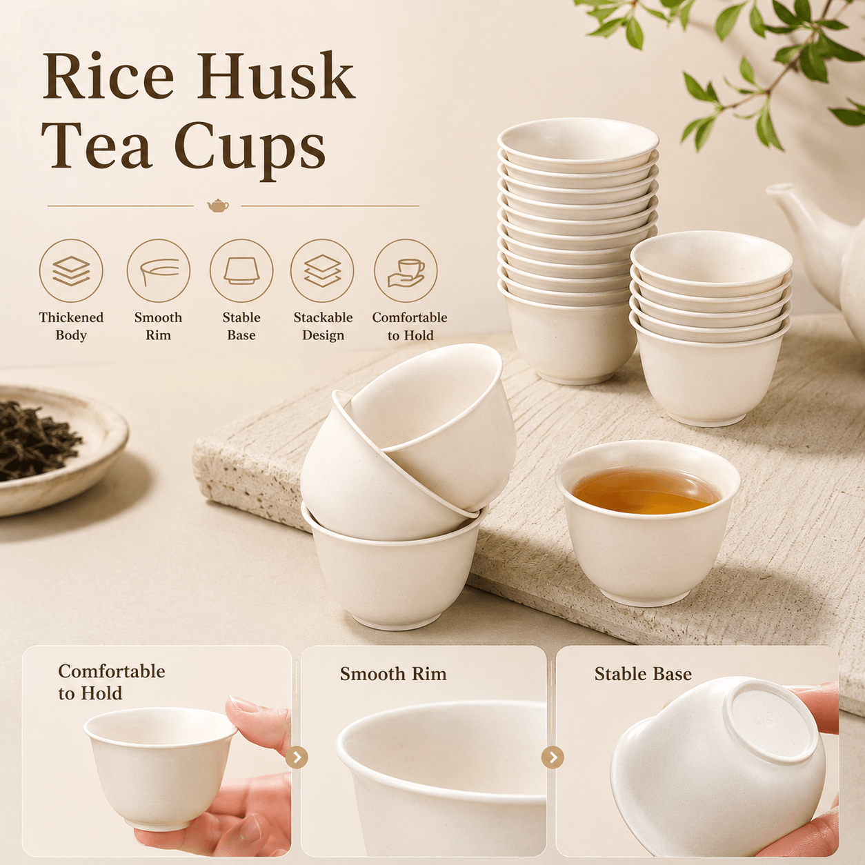 Eco-Friendly Rice Husk Tea Cups | Biodegradable Disposable Small Kung Fu Tea Cups | Food-Grade Stackable Natural Beige Tea Cup Set for Hotel, Tea Room & Daily Use