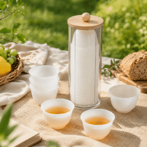 Jade-Look Disposable Rice Husk Tea Cups | White Translucent Single-Use Small Tea Cups with Storage Holder | Elegant Hotel & Tea Room Guest Reception Cup Set