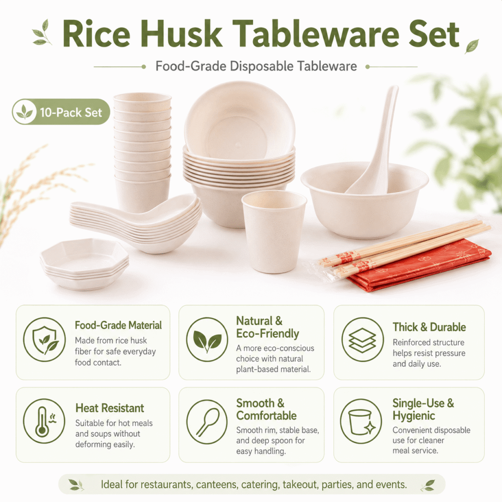 Food-Grade Disposable Rice Husk Tableware Set – Custom Logo Eco ...