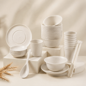 Natural Rice Husk Tableware Set | Food-Grade Biodegradable Disposable Bowls, Plates, Cups, Spoons & Chopsticks | Eco-Friendly Ceramic-Look Dinnerware for Home, Office, Restaurant, Catering & Events
