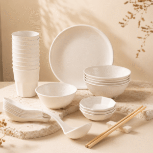 Food-Grade Rice Husk Tableware Set | Eco-Friendly Disposable 10-Pack Dinnerware with Bowls, Cups, Dishes, Spoons, Chopsticks & Tablecloth | Custom Packaging Biodegradable Set for Restaurant, Catering & Takeaway