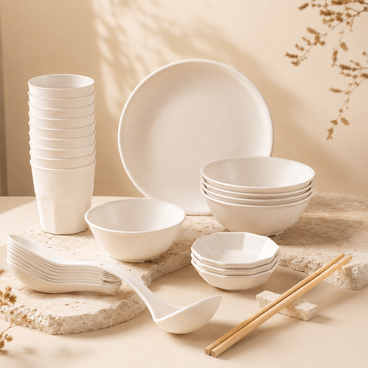 Food-Grade Rice Husk Tableware Set | Eco-Friendly Disposable 10-Pack Dinnerware with Bowls, Cups, Dishes, Spoons, Chopsticks & Tablecloth | Custom Packaging Biodegradable Set for Restaurant, Catering & Takeaway