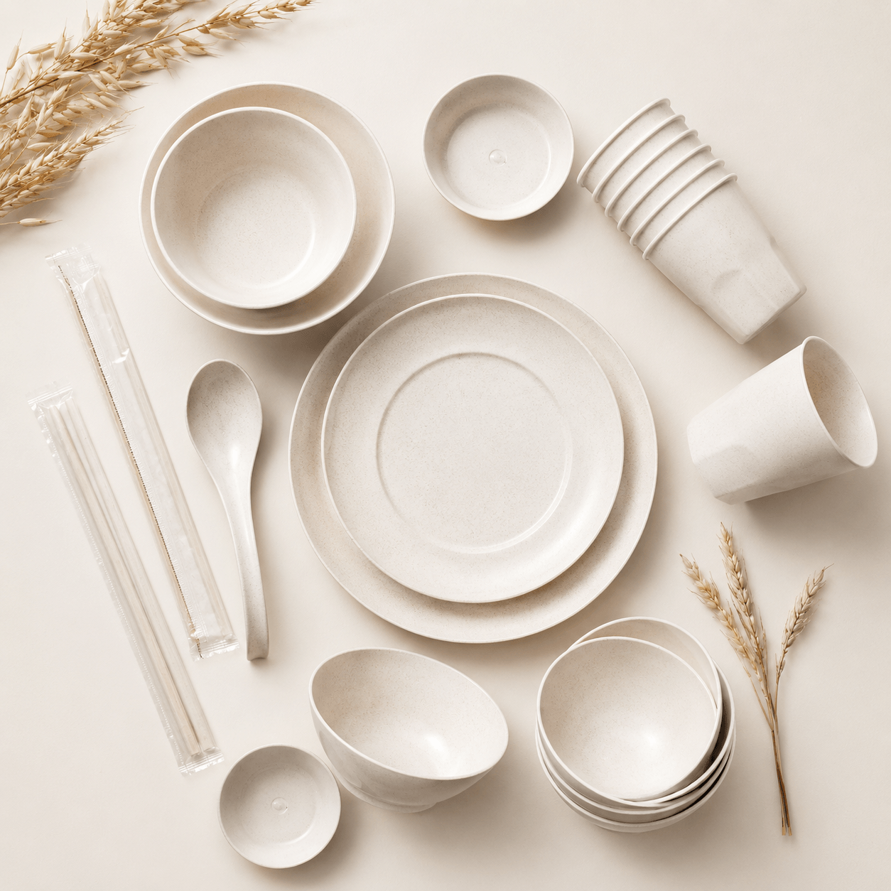 Eco-Friendly Disposable Rice Husk Tableware Set | Food-Grade Biodegradable Bowls, Plates, Cups, Spoons & Chopsticks | Ceramic-Look Natural Dinnerware Set for Home, Party, Wedding, Picnic, Restaurant & Catering