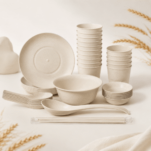 Food-Grade Rice Husk Tableware Set | Eco-Friendly Disposable Bowls, Plates, Cups, Spoons & Chopsticks | Biodegradable Natural Dinnerware for Office, Picnic, Catering, Restaurant & Events