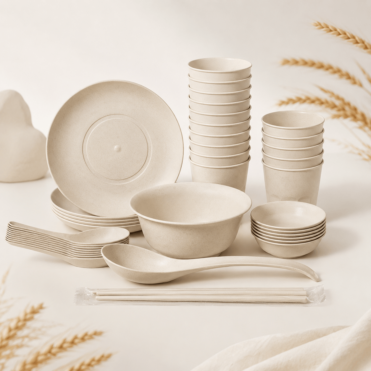 Food-Grade Rice Husk Tableware Set | Eco-Friendly Disposable Bowls, Plates, Cups, Spoons & Chopsticks | Biodegradable Natural Dinnerware for Office, Picnic, Catering, Restaurant & Events
