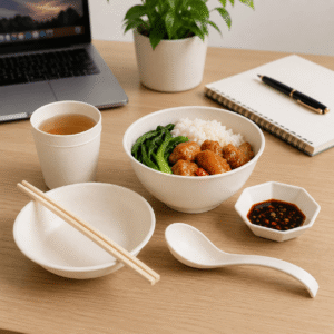 Food-Grade Rice Husk Tableware Set | Eco-Friendly Disposable 10-Pack Dinnerware with Bowls, Cups, Dishes, Spoons, Chopsticks & Tablecloth | Custom Packaging Biodegradable Set for Restaurant, Catering & Takeaway