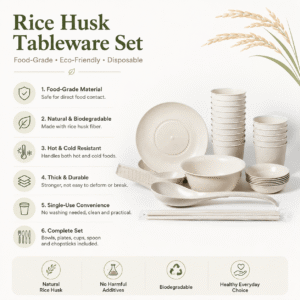Eco-Friendly Disposable Rice Husk Tableware Set | Food-Grade Biodegradable Bowls, Plates, Cups, Spoons & Chopsticks | Ceramic-Look Natural Dinnerware Set for Home, Party, Wedding, Picnic, Restaurant & Catering